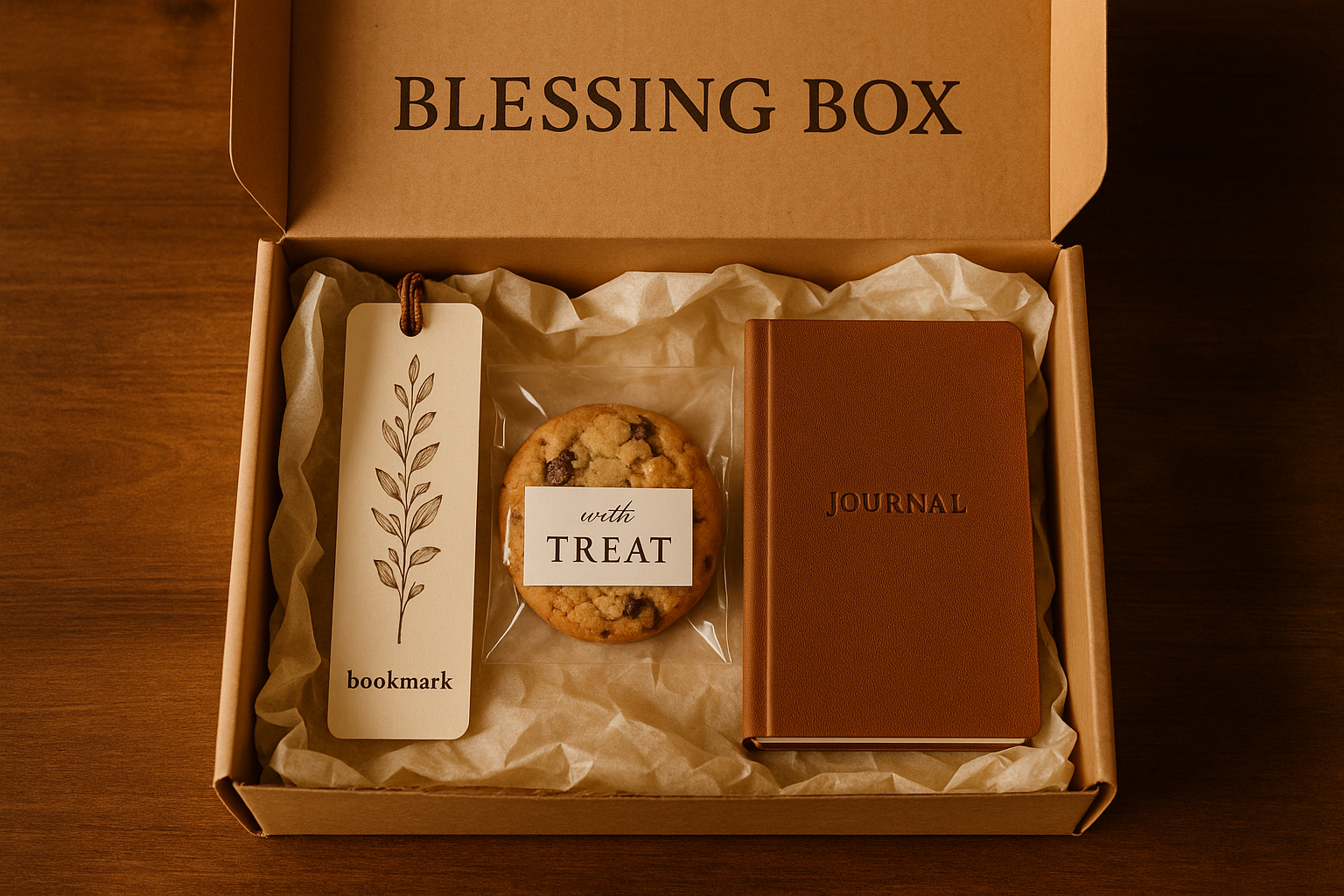 Blessing Box subscription contains book mark sweet treat and journal