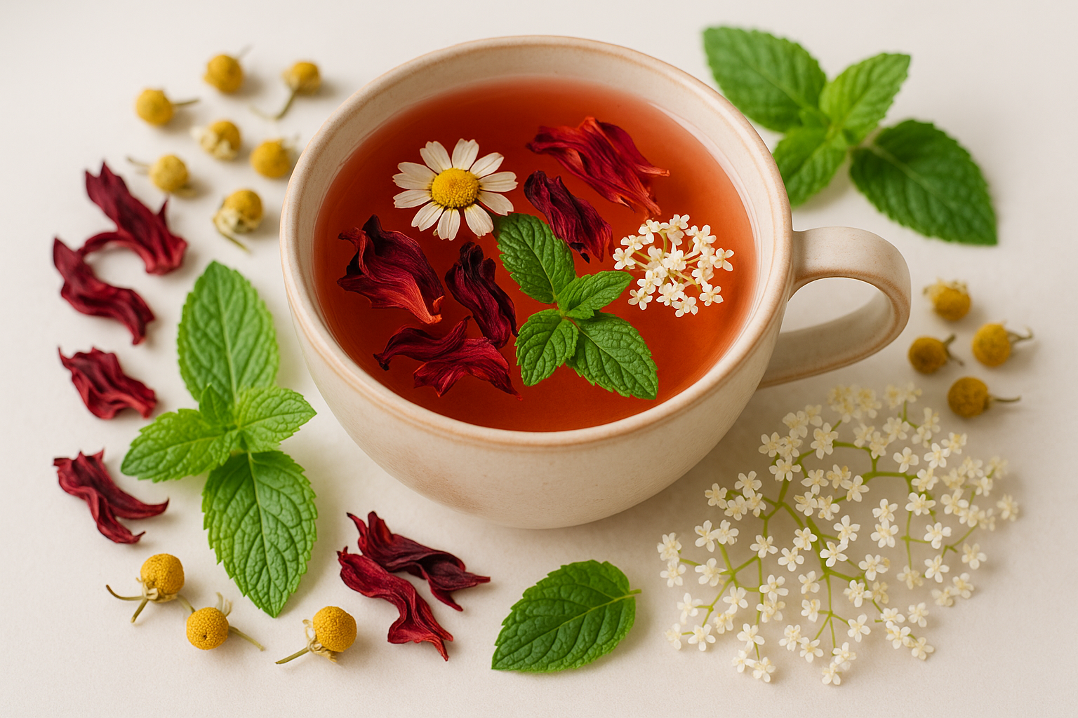 cup of tea chamomile, hibiscus, mint and elderflower