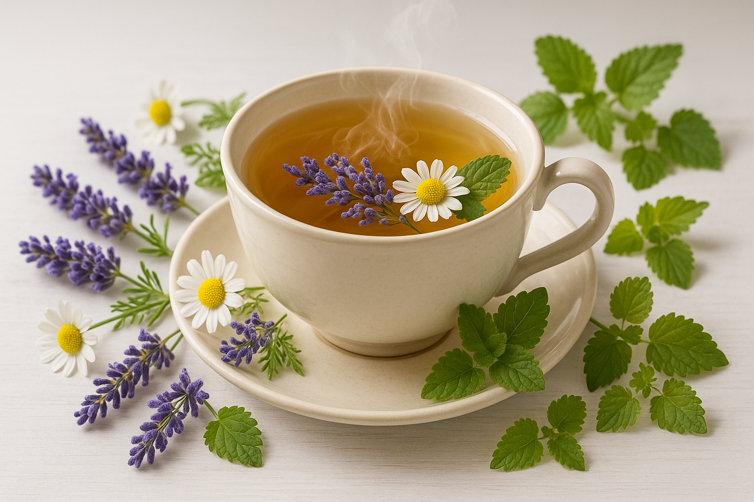 cup of tea Chamomile, lavender, lemon balm, mint