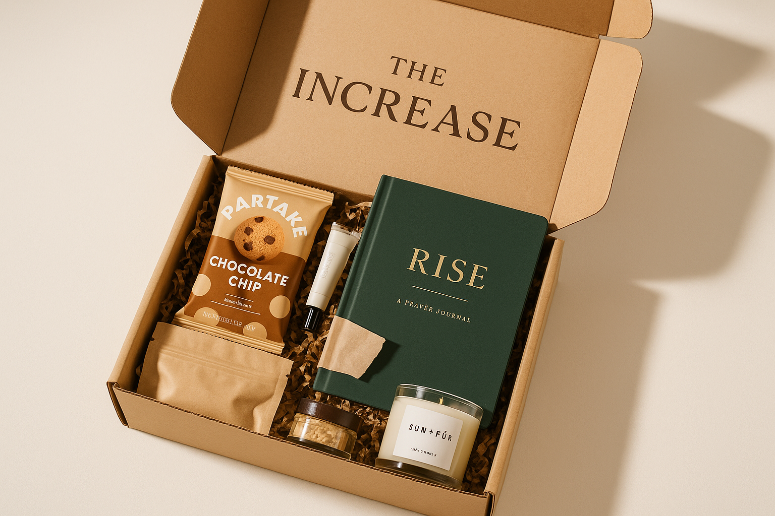 subscription box called the increase. mid level subscription box which may include sweet snack, journal candle, etc