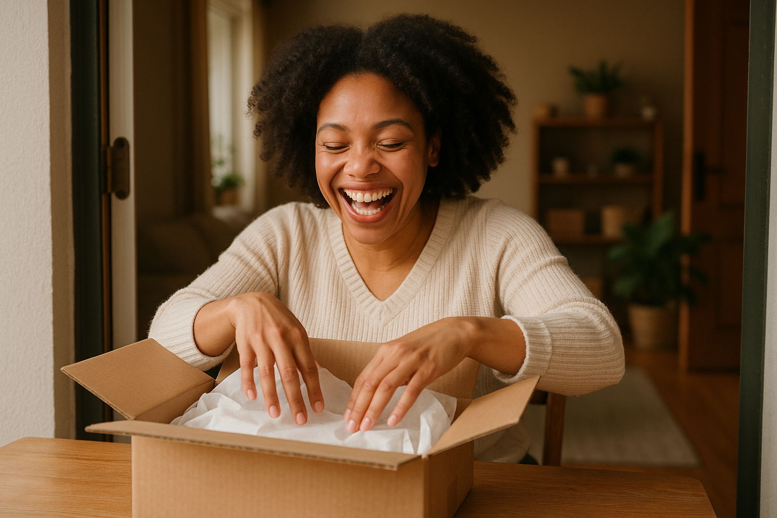 a person receiving a subscription box and they are elated