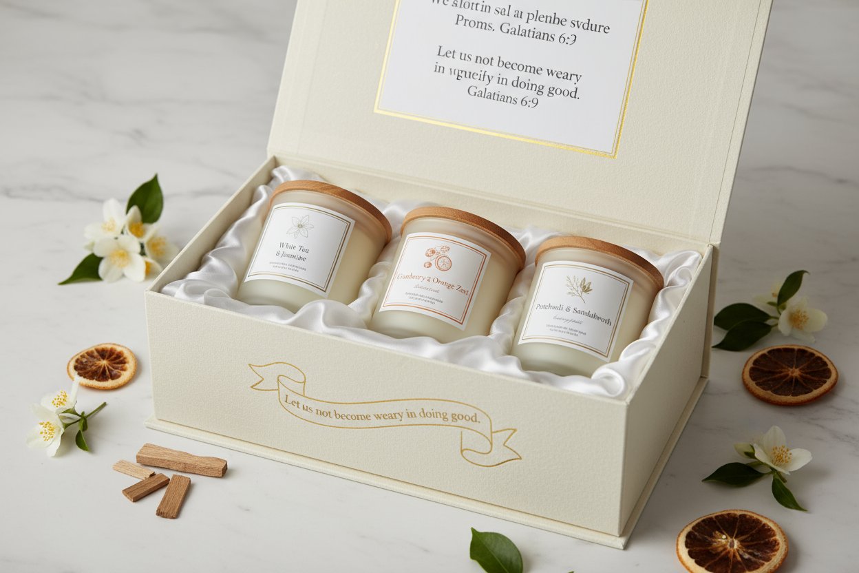 create a candle subscription box mock up containing 3 andles for galatians 6:9
White Tea & Jasmine Cranberry & Orange ZestPatchouli & Sandalwood
