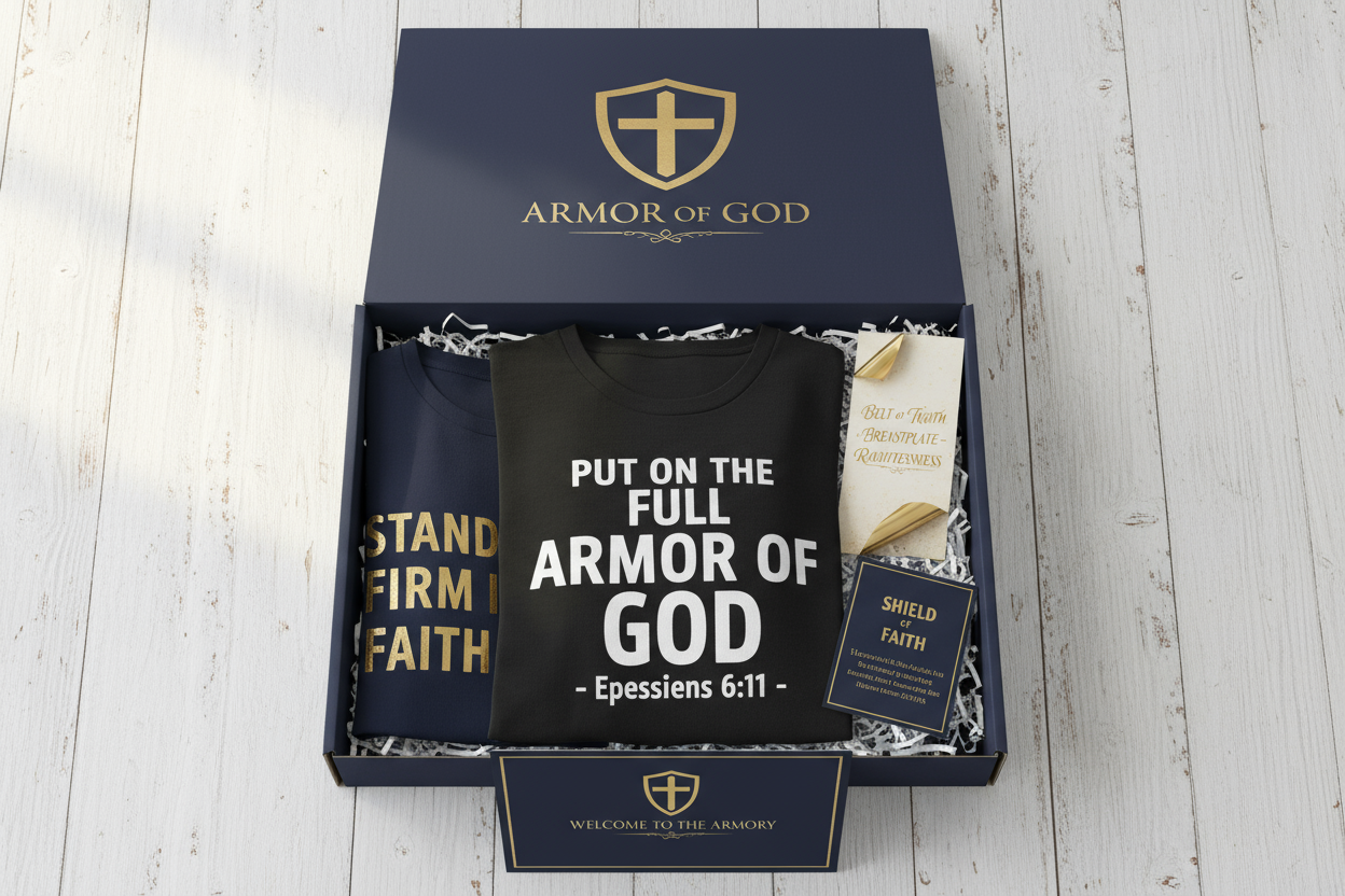 create me a mock up t-shirt subscription box with powerful sayings for somone to put on the armor of God. add book mark etc