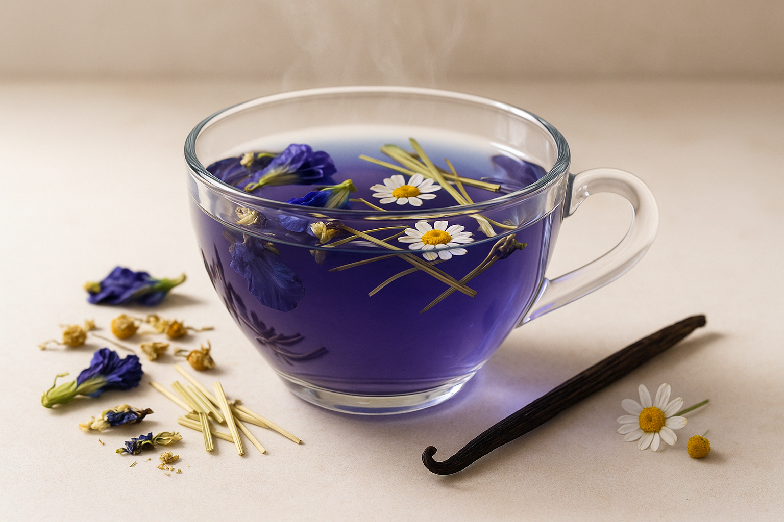 cup of tea Butterfly pea flower, lemongrass, chamomile, vanilla bean
