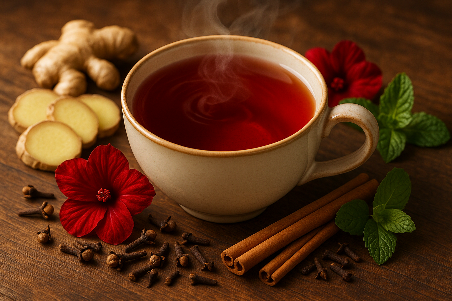 cup of tea Ginger, hibiscus, cinnamon, clove, mint