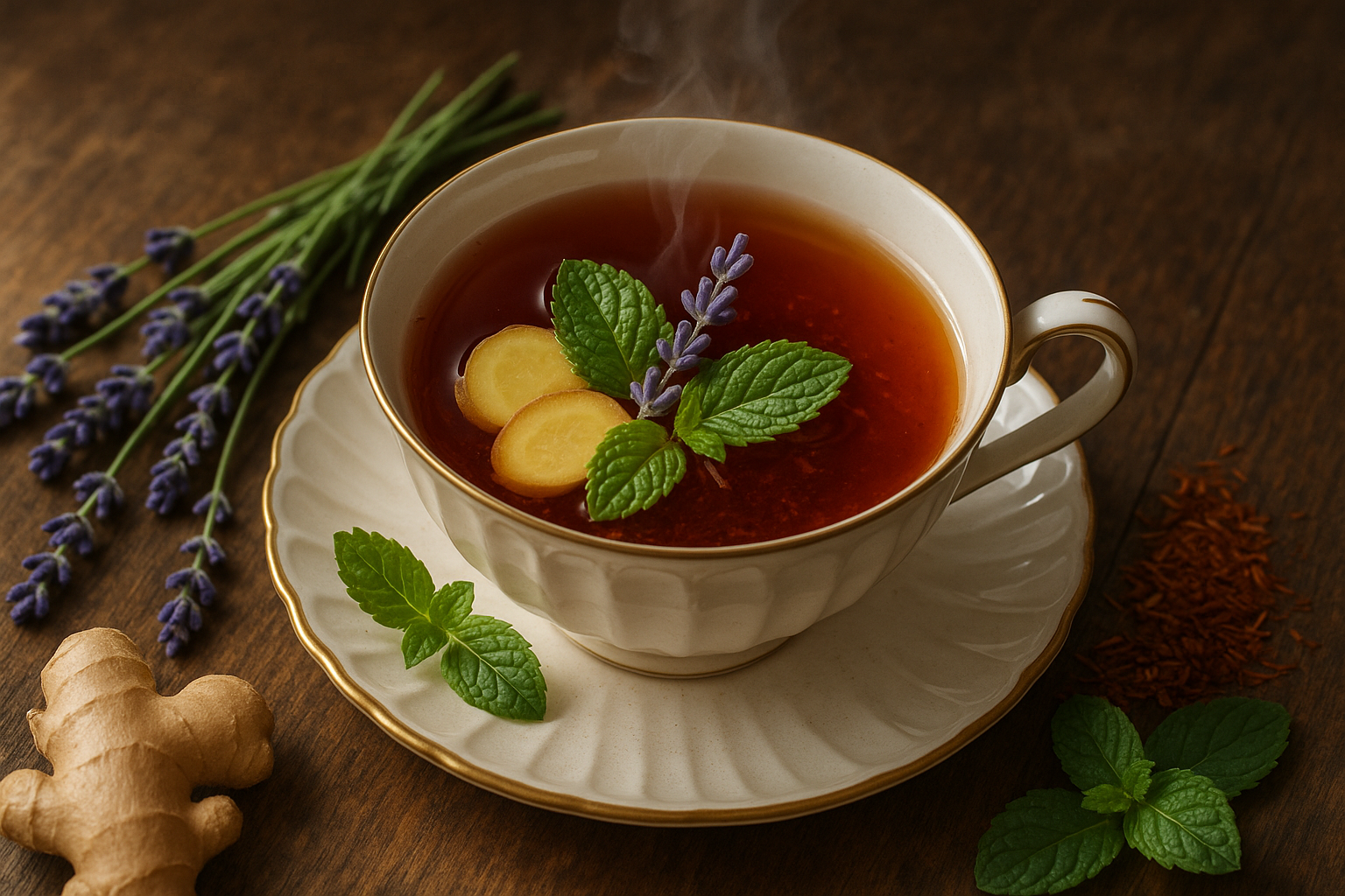 cup of tea Ginger, lavender, mint, rooibos