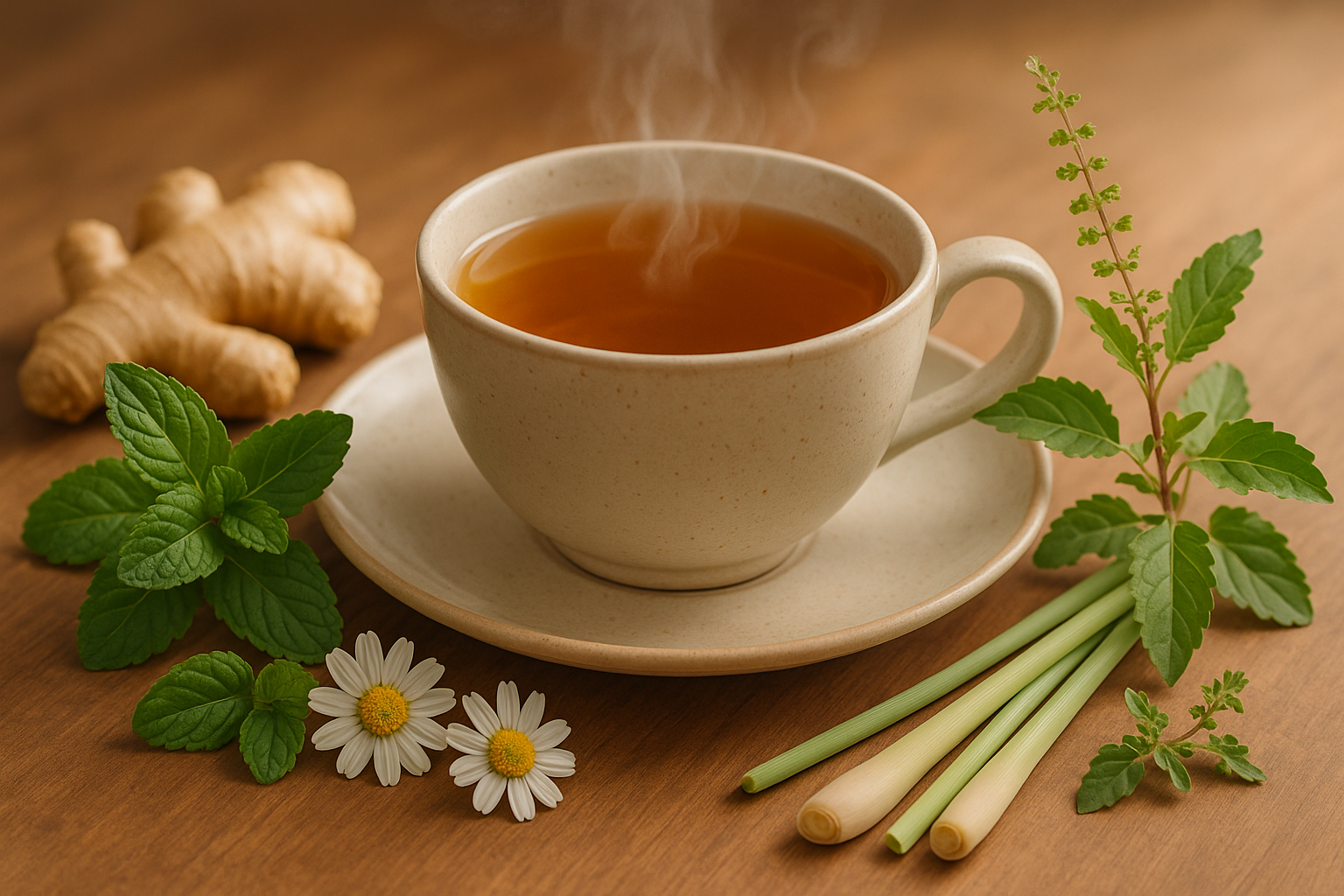 cup of tea ginger mint, chamomile, lemongrass, and holy basil (Tulsi)