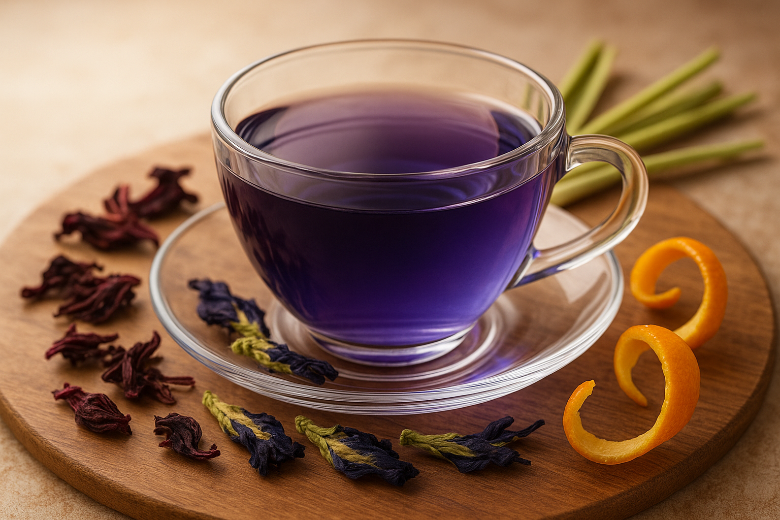 cup of tea hibiscus, butterfly pea flower, lemongrass, orange peel