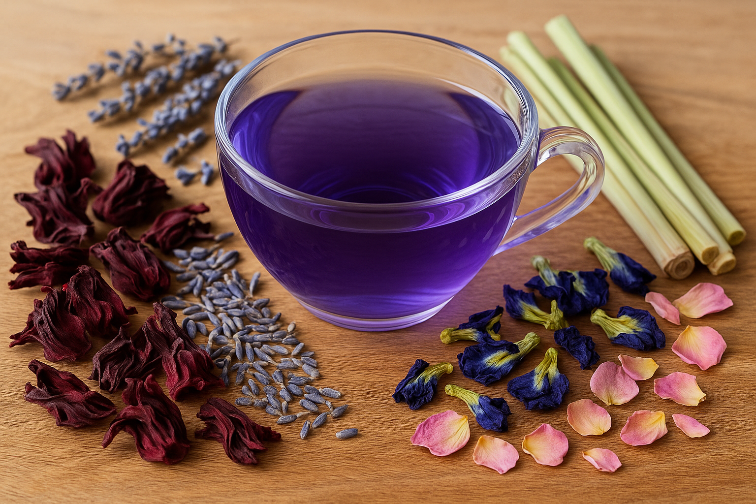 tea with hibiscus, lavender, lemongrass, butterfly pea flower, and rose petals